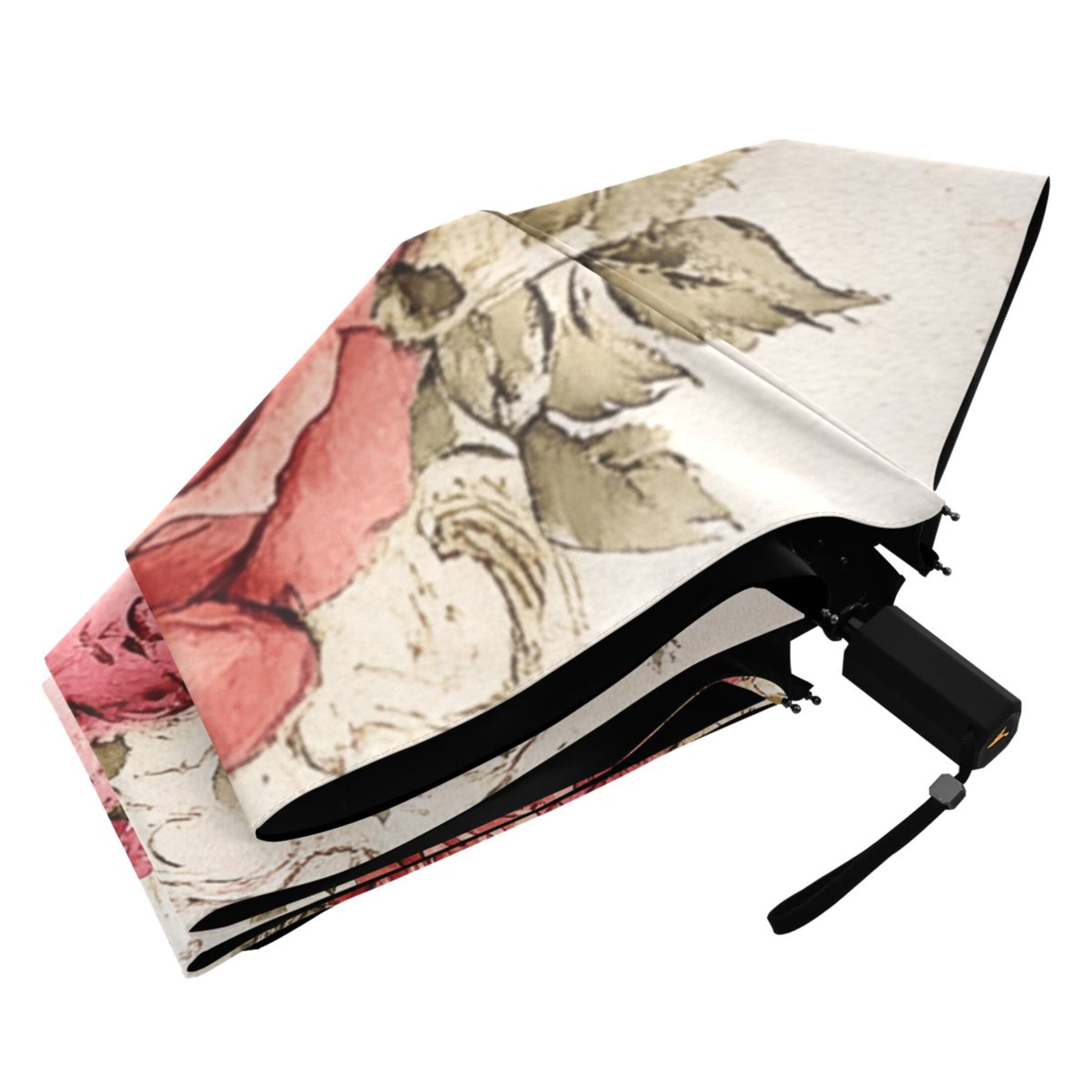 Beautiful Pink Heart with Roses Compact Sun Umbrella Windproof Travel Umbrellas for Rain Strong Portable UV Protection