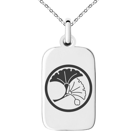 Tioneer Stainless Steel Yin Yang Ginkgo Leaves Kamon Crest Engraved Small Rectangle Dog Tag Charm Pendant Necklace