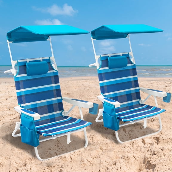 WILDYEE 2pcs Double Camping Chair，Beach Chairs with Cup Holder Heavy Duty Folding Loveseat for Outside Lawn Patio (Blue Stripe)
