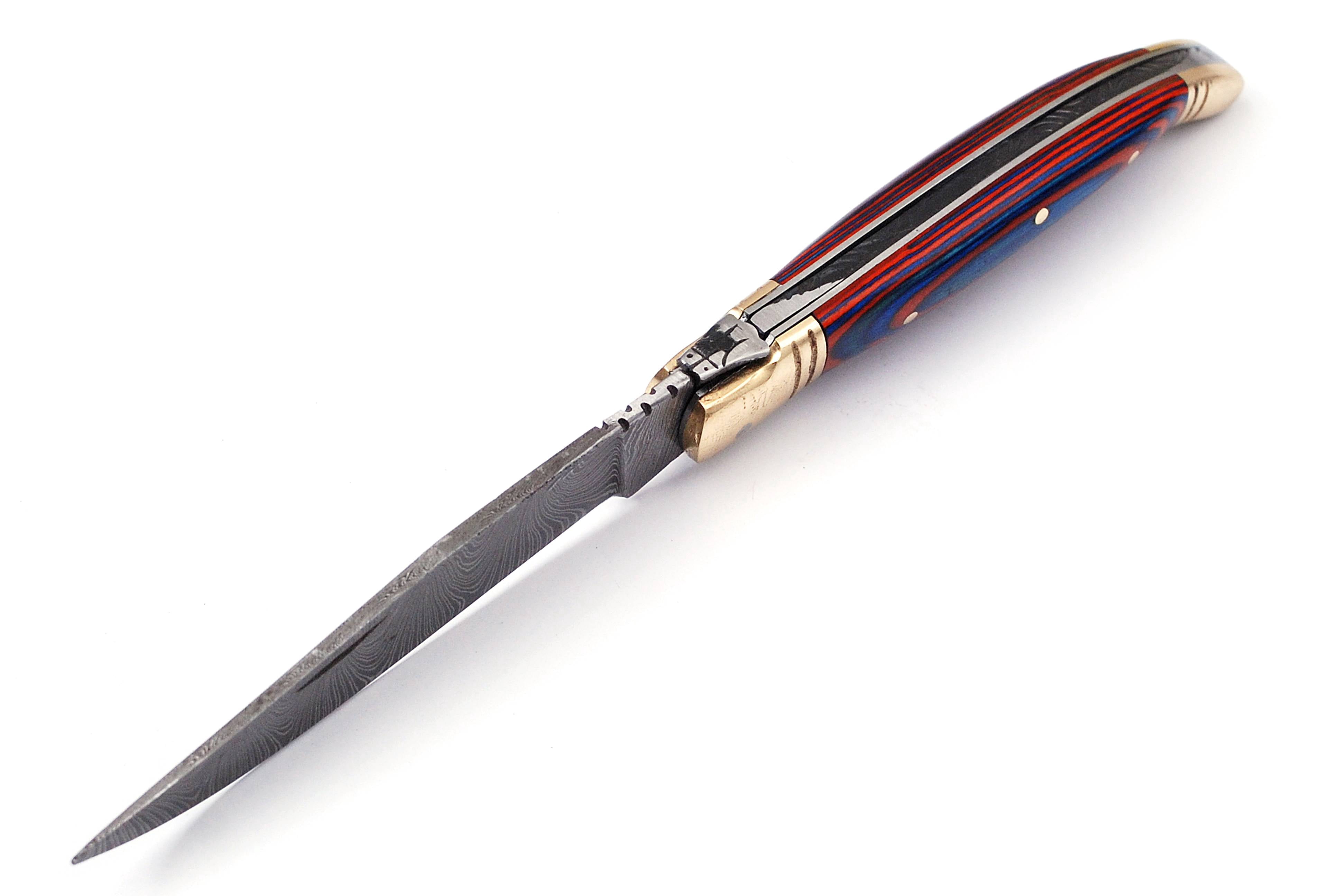 Damascus steel folding knife with leather sheath, 8.5 inches long laguiole pocket knife with 4 inches long Damascus steel Blade, 4.5 inches Blue multi colored wood scale with Brass bolster and pommel