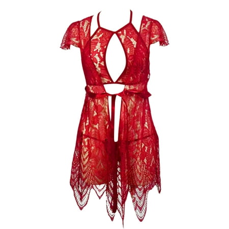 

Gubotare Lingerie Set Women Lingerie Set Lace Teddy Strap Bodysuit with Garter Belts Bra and Panty Sets Red M
