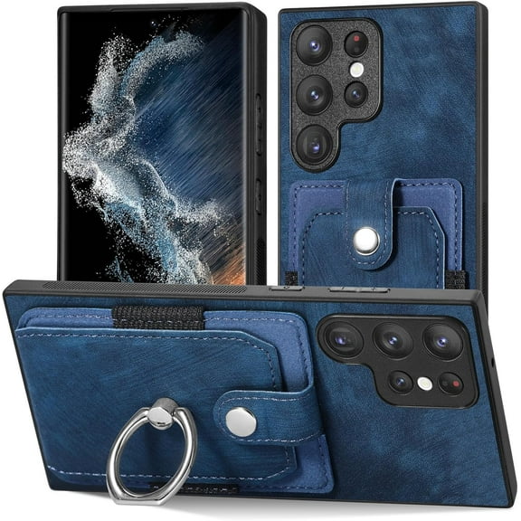 Retro Durable Leather Phone Case for Samsung Galaxy S20 S10 E S9 S8 Ultra Plus FE Adjustable Finger Ring Holder Card Slots Lens Protector Back Cover(Blue,S20 Ultra)