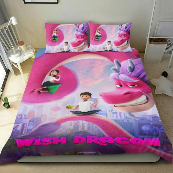 Cartoon 3 Piece Bedding Set Wish Dragon Comforter Set Cute Duvet Cover Sets Super Soft Girls Bedding Set Kids Bedroom Gifts,1 Duvet Cover with 2 Pillowcases Twin