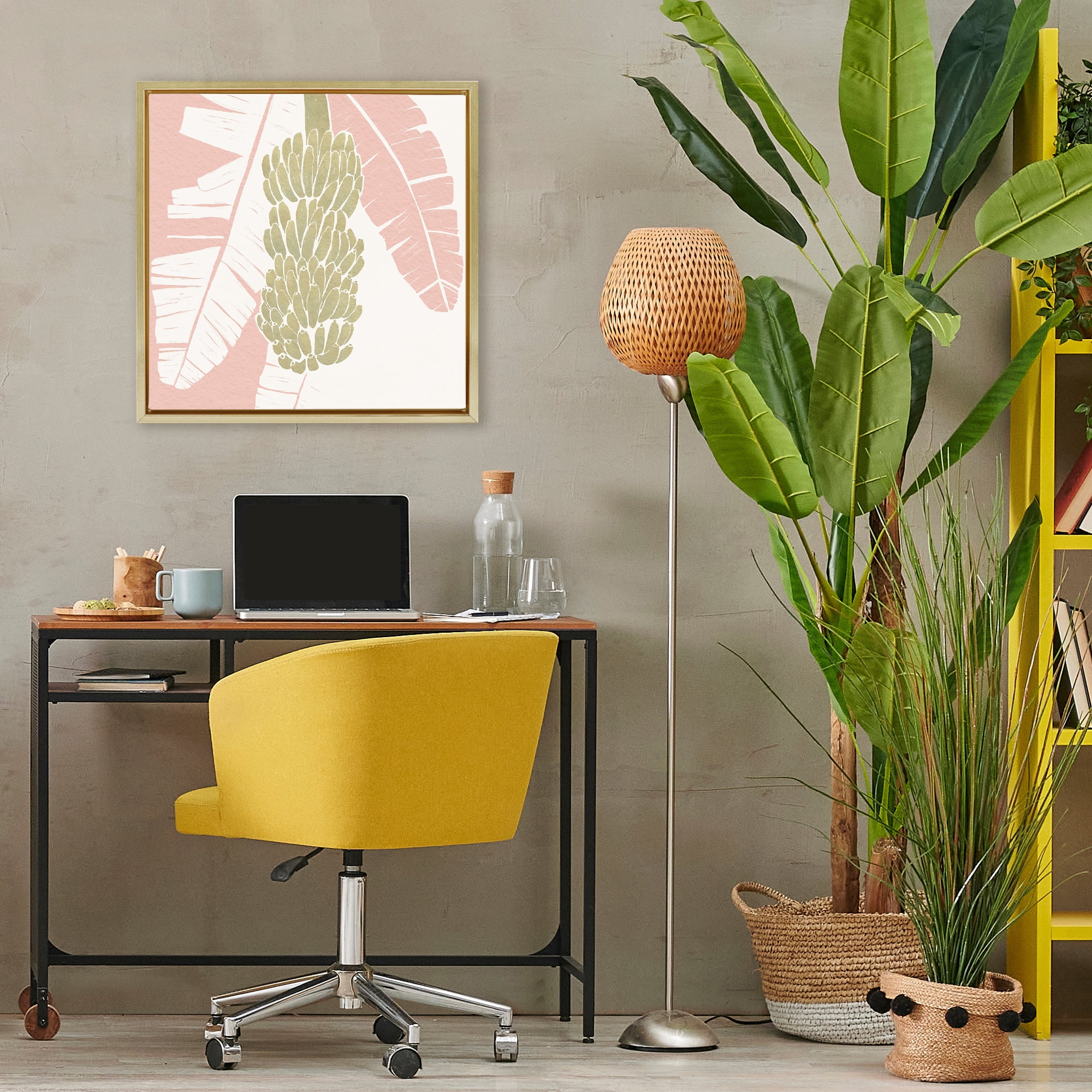 Stupell Industries Banana Bunch Amid Pink Leaves Gold Framed Floater Canvas Wall Art, design by Yuyu Pont