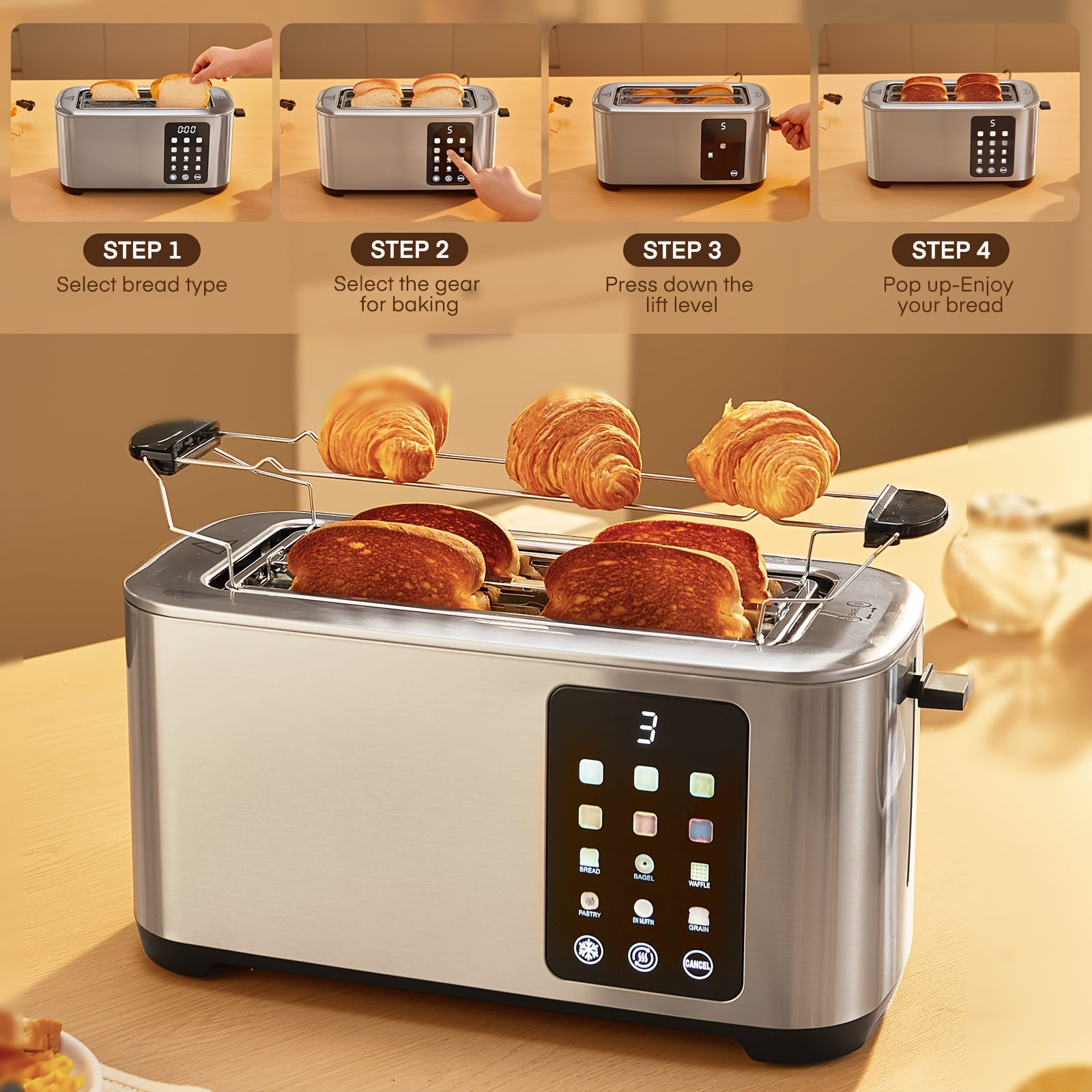 Stainless Steel 4-Slice Toaster with Touch Screen, Extra Wide Slots, 6 Bread Types & 6 Shade Settings, Defrost Reheat Cancel Functions, Removable Crumb Tray, Silver