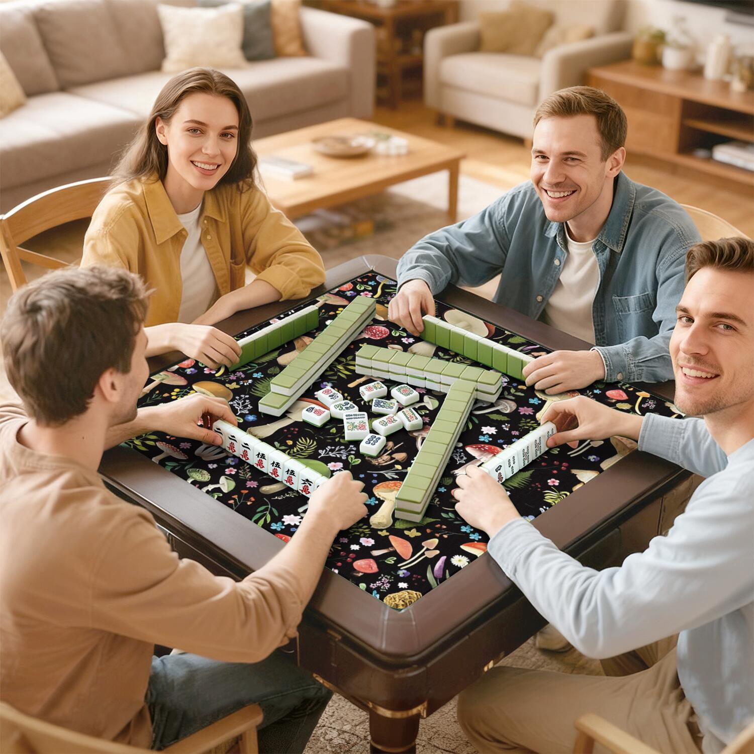 31.5 Inch Botanical Style Mahjong Mat Made of Rubber with Anti-Slip Non-Skid Backing and Noise Reduction Technology for Multi-Purpose Game Table Use