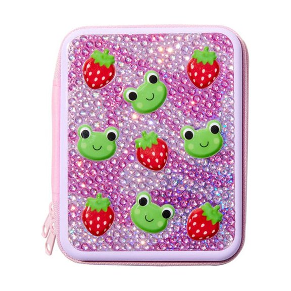 Claire's Palette de Cosmétiques en Boîte Métallique Grenouilles Roses et Fraises, Fermeture Éclair, Comprend 6 Fards à Paupières, 3 Gloss pour les Lèvres, Miroir et Pinceau Applicateur