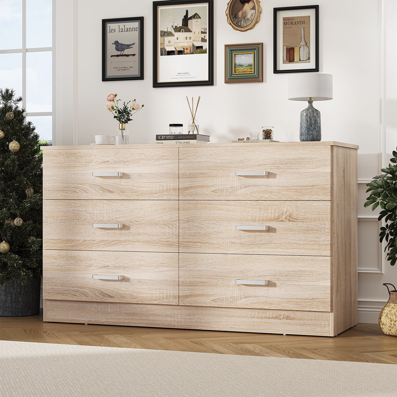 Winkalon 6 Drawer Oak Double Dresser,Wood Storage Cabinet with Easy Pull Out Handles for Living Room,Chest of Drawers for Bedroom