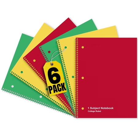 1InTheOffice Spiral Notebook College Ruled, College Ruled Spiral Notebook, 1 Subject Notebook, 1 Subject Spiral Notebook, 8" x 11", 3-Hole Punched, 70 Sheets/Pack, 6 Pack