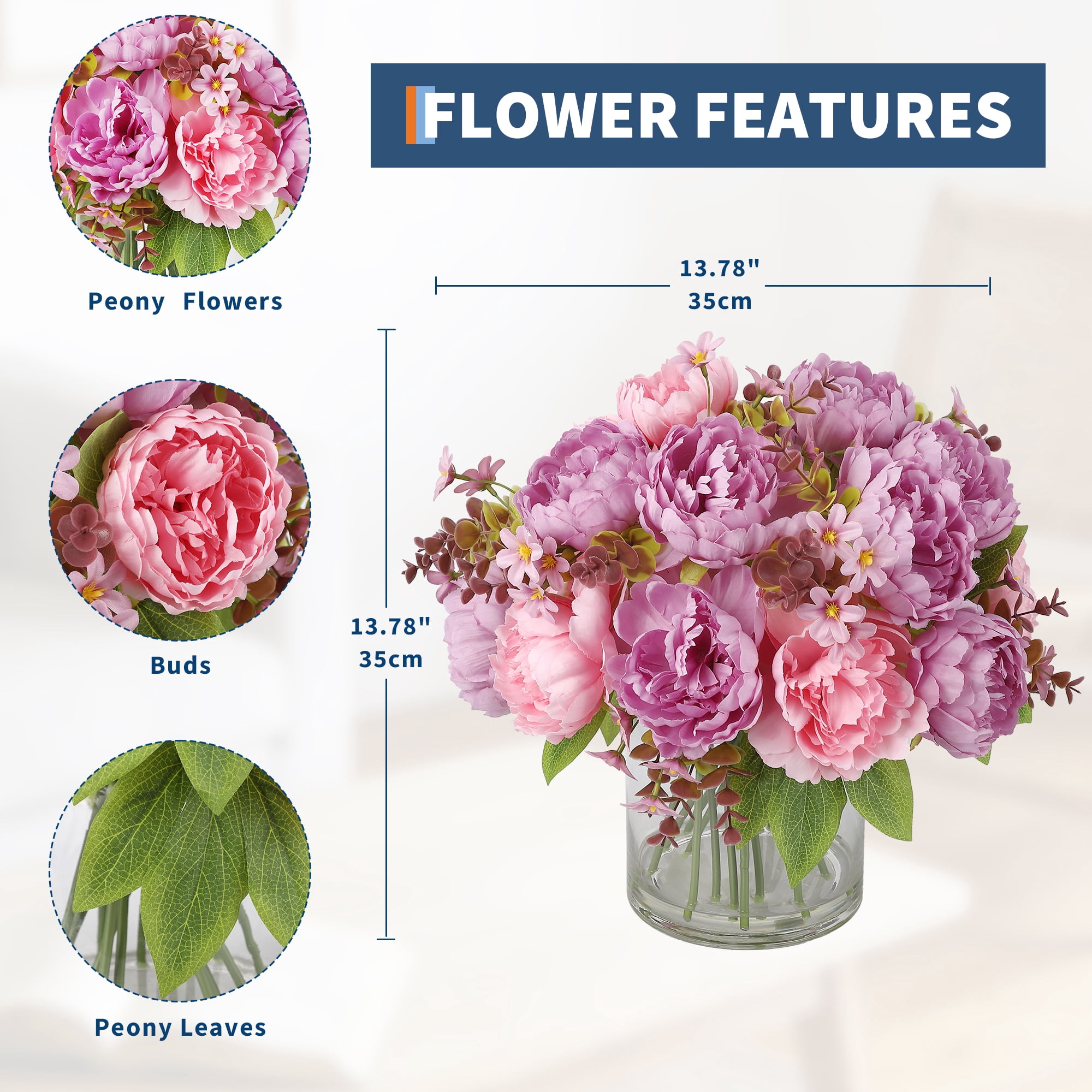 Silk Peony Bouquet in Glass Vase with Faux Water – Lifelike Artificial Flowers for Home Decor, Wedding Table Centerpiece – Mixed Arrangement，Pink