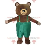 Big brown teddy bear REDBROKOLY mascot with green overalls