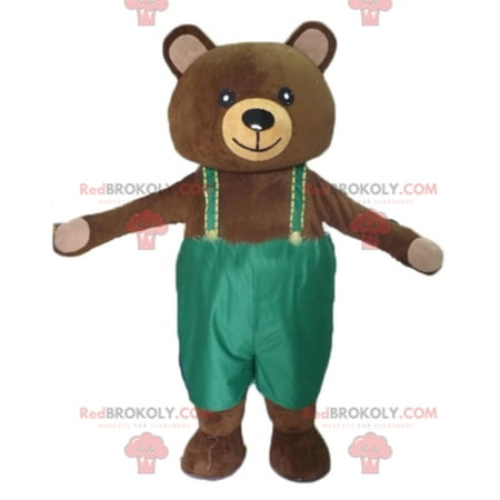 Big brown teddy bear REDBROKOLY mascot with green overalls