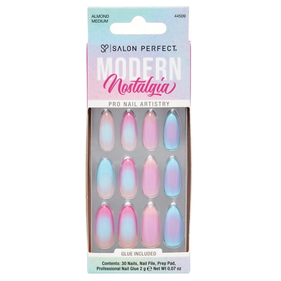 Salon Perfect Artificial Fake Press On Nails, 473 Modern Nostalgia, Aura French, Medium Almond, File, Glue and Prep Pad Included, 30 Nails