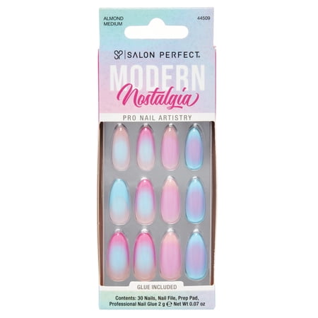 Salon Perfect Artificial Fake Press On Nails, 473 Modern Nostalgia, Aura French, Medium Almond, File, Glue and Prep Pad Included, 30 Nails