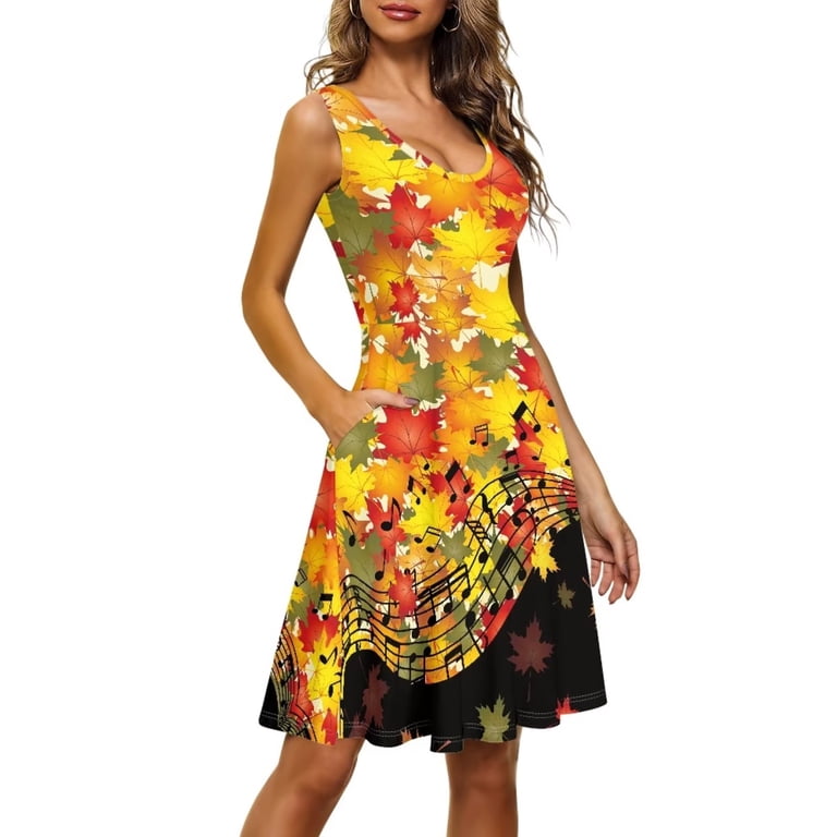 Fkelyi Harvest Fall Sleeveless Dresses for Women Stretchy Thanksgiving Maple Leaf Tank Dress Midi Comfortable Women Swing Skater Dress Size XL,