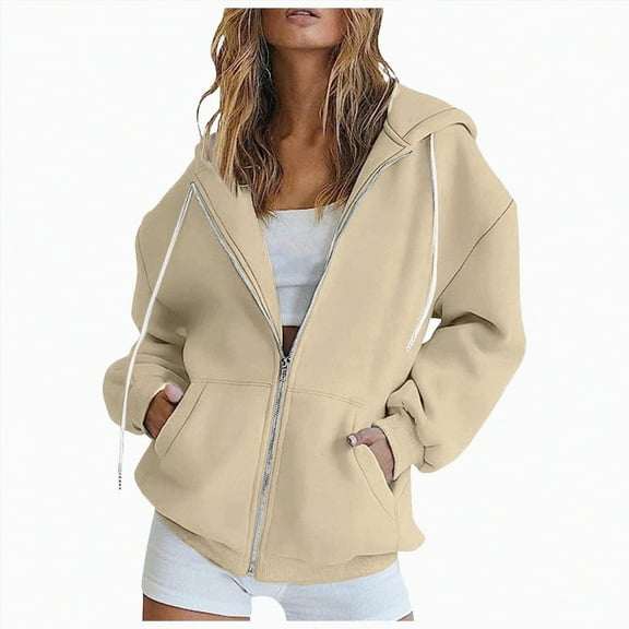 TOWED22 Womens Zip Up Hoodies Oversized Sweatshirts Fashion Outfits Casual Hoodies Oversized Jackets Long Sleeve Clothes(Khaki,L)