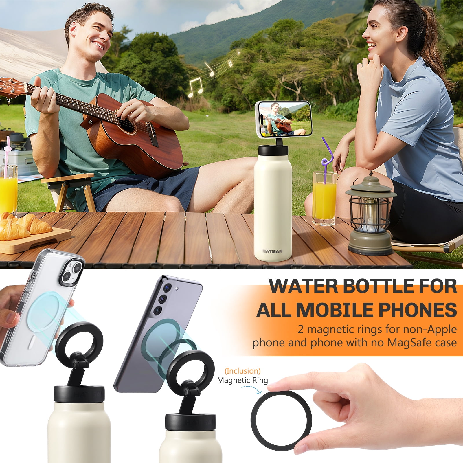 Hatisan 24 oz Insulated Water Bottle, Magnetic Stainless Steel Water Bottle, with Mobile Phone Holder Tripod, Hot for 12H, Cold for 24H(Beige)