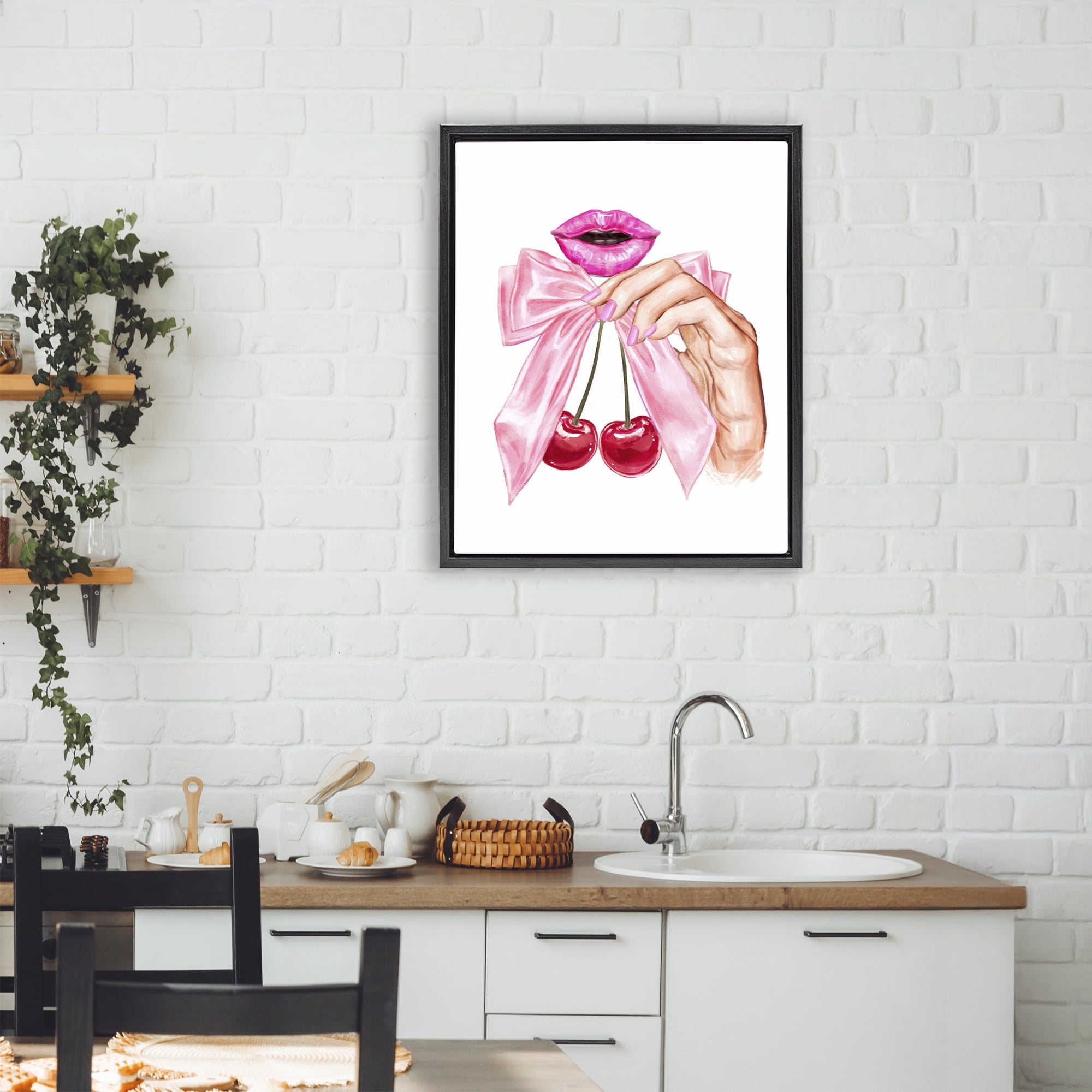 Stupell Industries Lips & Feminine Cherries Black Framed Floater Canvas Wall Art, design by Ziwei Li