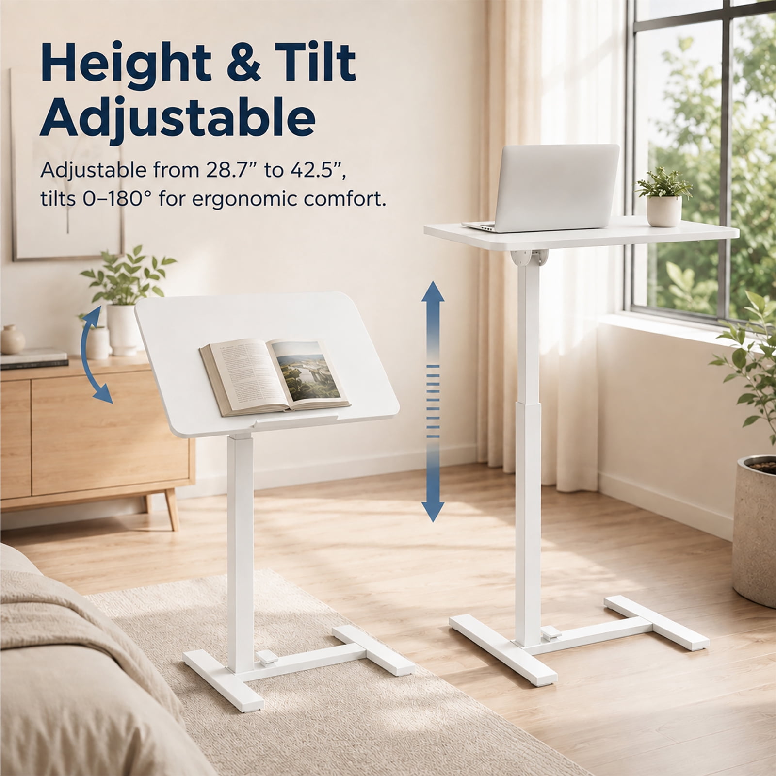 Alvantor Adjustable Bedside Table with Wheels, Overbed Table Portable Standing Cart & Laptop Desk with Adjustable Height and Inclination, Suitable for Bed, Couch, Wheelchair