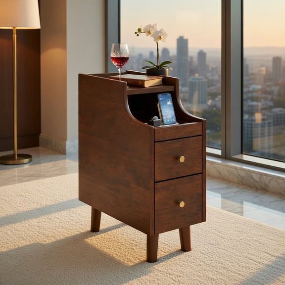 Demi Bonn Solid Wood End Table, Narrow Bedside Table with Pull-out Tray and 2 Storage Drawers, Cable Management, Brown