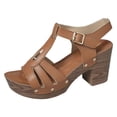 thumbnail image 6 of Women's Heeled Sandals Open Toe Platform Heels Fashion Studded T-Strap Pumps Shoes with Adjustable Buckle Ankle Strap Brown Size 7.5, 6 of 7