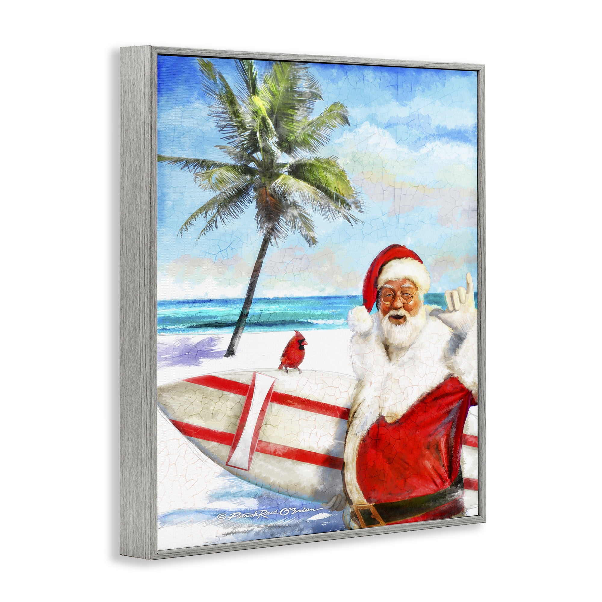 Stupell Industries Surfing Santa at Beach Holiday Painting Gray Framed Art Prints Wall Art, 16 x 20