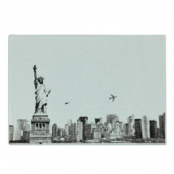 Urban Cutting Board, Cityscape of New York City Famous of Liberty and Skyscrapers Drawing Print, Decorative Tempered Glass Cutting and Serving Board, Small Size, White and Grey, by Ambesonne