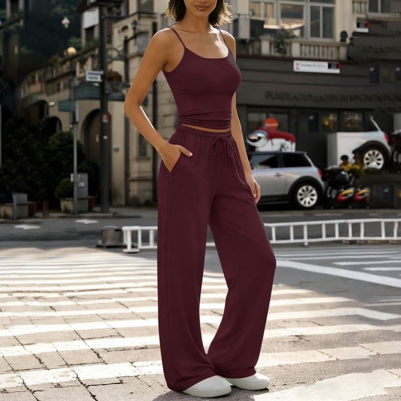 Cagogo Women's 2 Piece Outfits Scoop Neck Sleeveless Crop Top Wide Leg Pants Set Casual Summer Matching Lounge Sets Tracksuits Loungewear Travel Airport Clothes, Wine 2XL