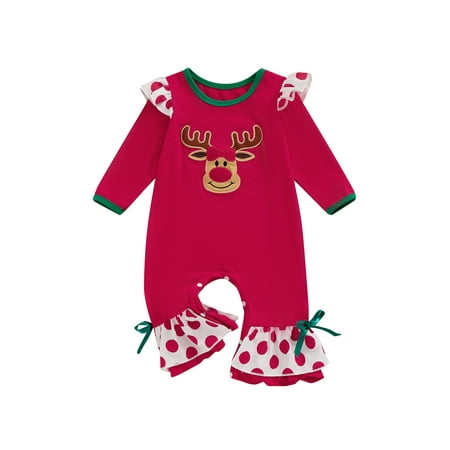 

Gzhioc Baby Girls Rompers Christmas Clothes Deer Embroidery Dot Print Flare Pants Long Sleeve Fall Infant Bodysuits 0-18M