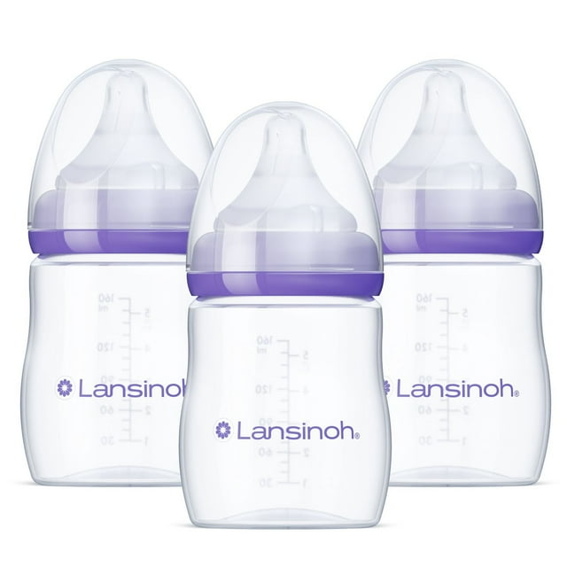 Lansinoh Anti-Colic Baby Bottles for Breastfeeding Babies, 5 Ounces, 3 Count, clear plastic bottles with purple screw-on rings and soft silicone NaturalWave nipples under transparent caps, designed with a wide base and gradual slope for easy latching, plus an anti-colic ventilation system to reduce gas and colic symptoms, supporting smooth feeding transitions.