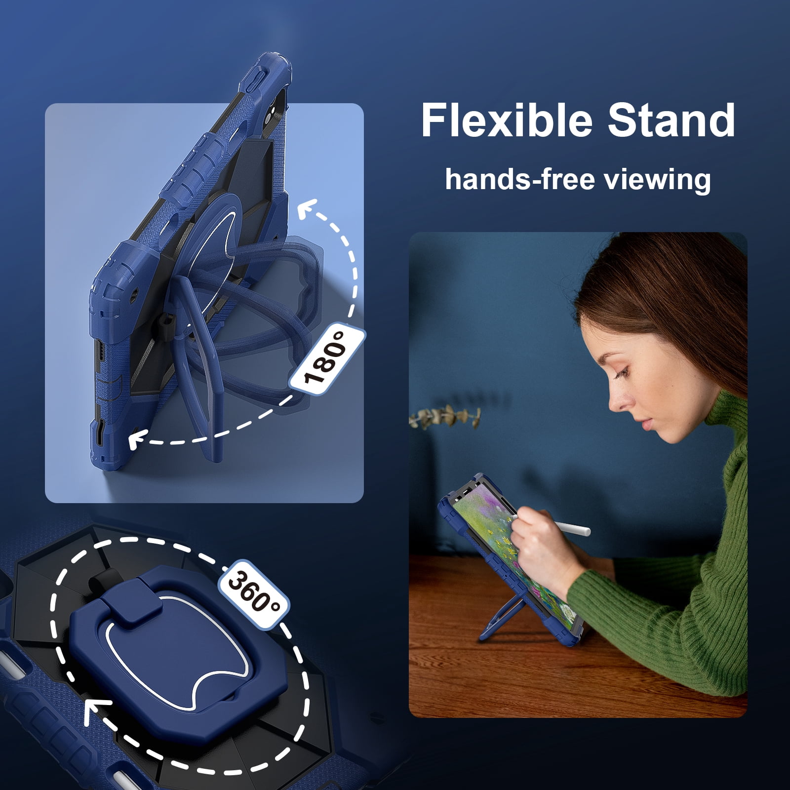 Dteck with Pencil Holder Case for iPad Pro 11-inch 4th 3rd 2nd 1st Gen,iPad Air 5th/4th Generation Heavy Duty Silicone Case 360 Degree Rotating Handle Stand Cover with Shoulder Strap,Navy+Black