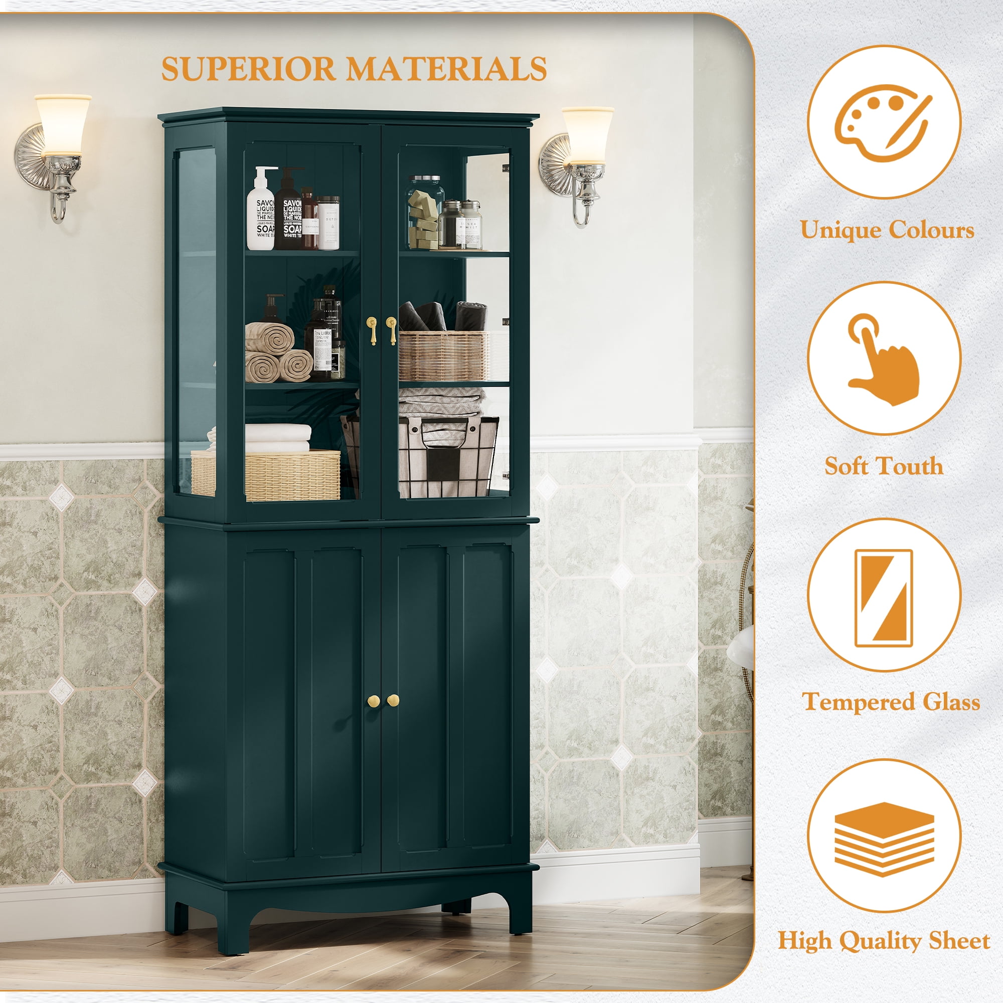 HLR 72 Freestanding Kitchen Pantry Storage Sideboard with Adjustable Shelves, Glass Display Cabinet, Dark Teal