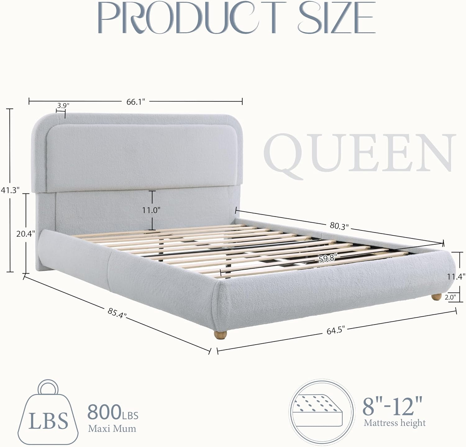 XIAO WEI Bouclé Cloud Queen Bed, Grey, Round Corner Headboard, Solid Wood Legs, Wooden Slats, No Box Spring, Easy Assembly