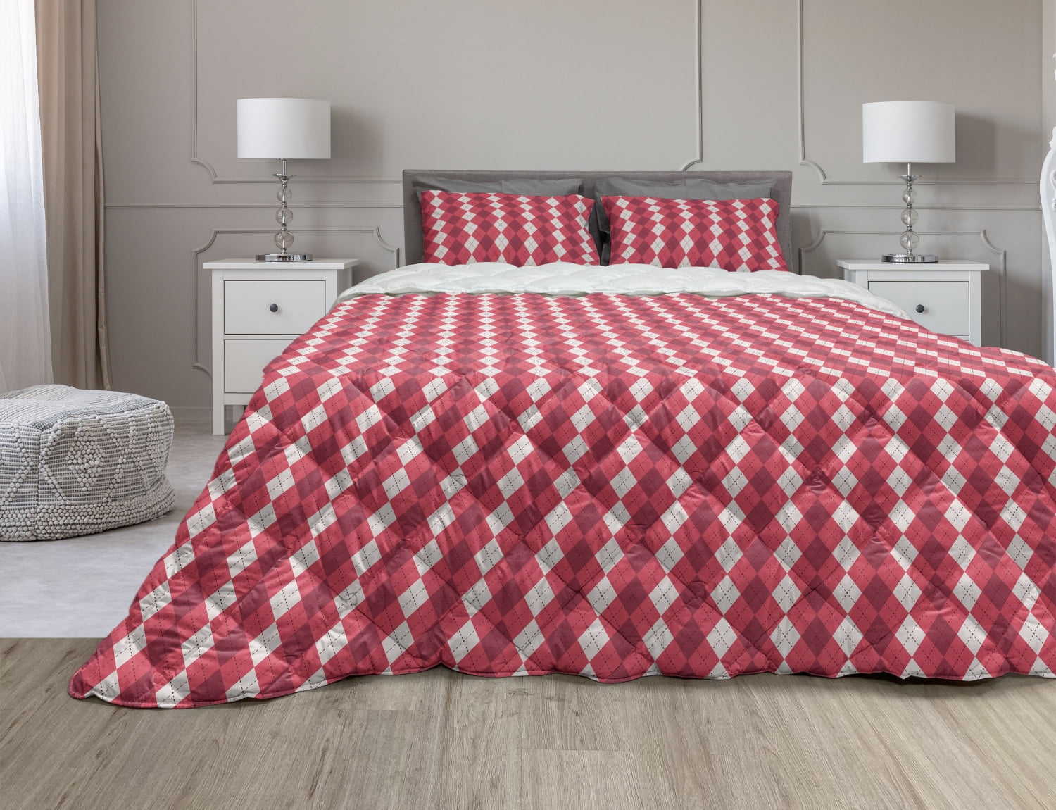 Rapport Argyle Tartan Reversible Stripe Duvet Cover Set Red Free P&P 