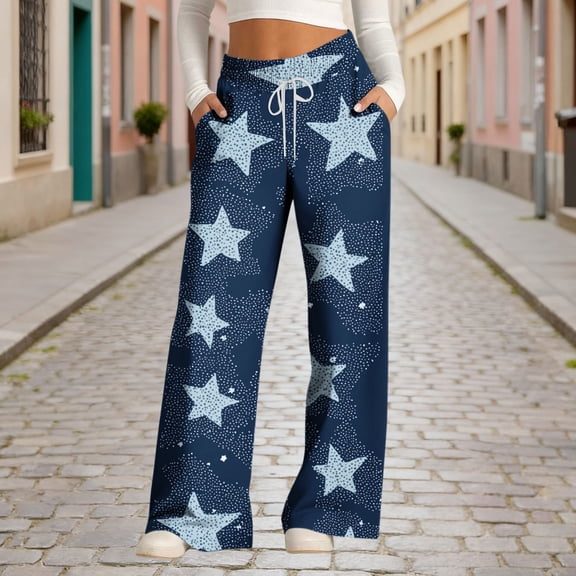 LEBONYARD Pants for Women Plus Size,Women's Fashionable Striped Printed Drawstring Wide Leg Loose Casual Pocket Pants Black S