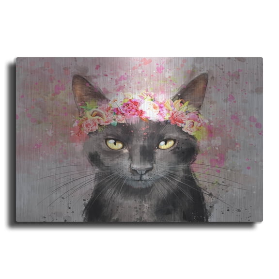 Luxe Metal Art 'Flower Crown Black Cat' by Furbaby Affiliates Metal Wall Art, 36" x 24"
