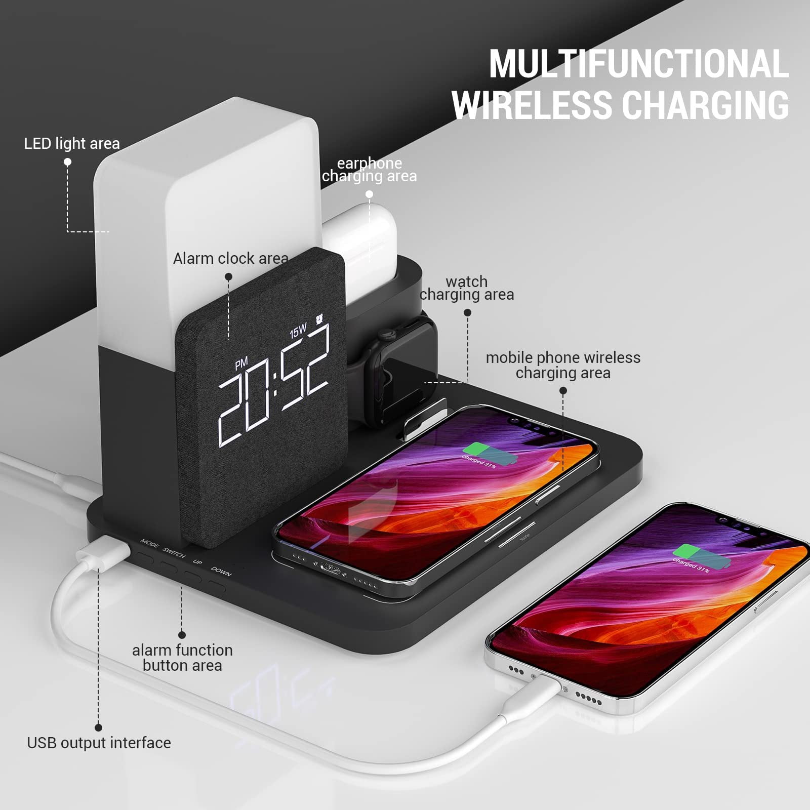 5-in-1 15W Fast Wireless Charging Station for iPhone 16/ 15/ 14/ 13/ 12 Pro/ Max, Apple Watch, AirPods, Samsung - with Night Light, Charging Cable | Home Office Charger Stand for Multiple Devices