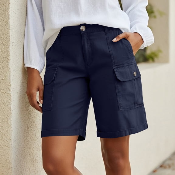 Cagogo Cargo Pants for Women High Waisted with Pockets Solid Casual Bermuda Shorts Regular Fit Workwear Shorts Lounge Travel Beach Summer, Navy S
