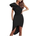 thumbnail image 2 of Wycnly Formal Dresses for Women One Shoulder Ruffle Layer Irregular Wrap Hem Evening Party Formal Dress Slash Neck Sleeveless Solid Summer Midi Dresses Black S Clothes, 2 of 7