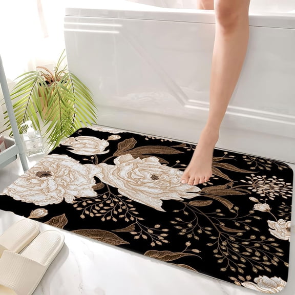 Black and Gold Bathroom Rugs, Dark Roses Leaves Botanical Aesthetic Boho Floral Bath Mat, Vintage Rose Gold Flowers Unique Chic Outdoor Rug, Soft Non Slip Floor Rugs for Living Room Doormat, 17x29