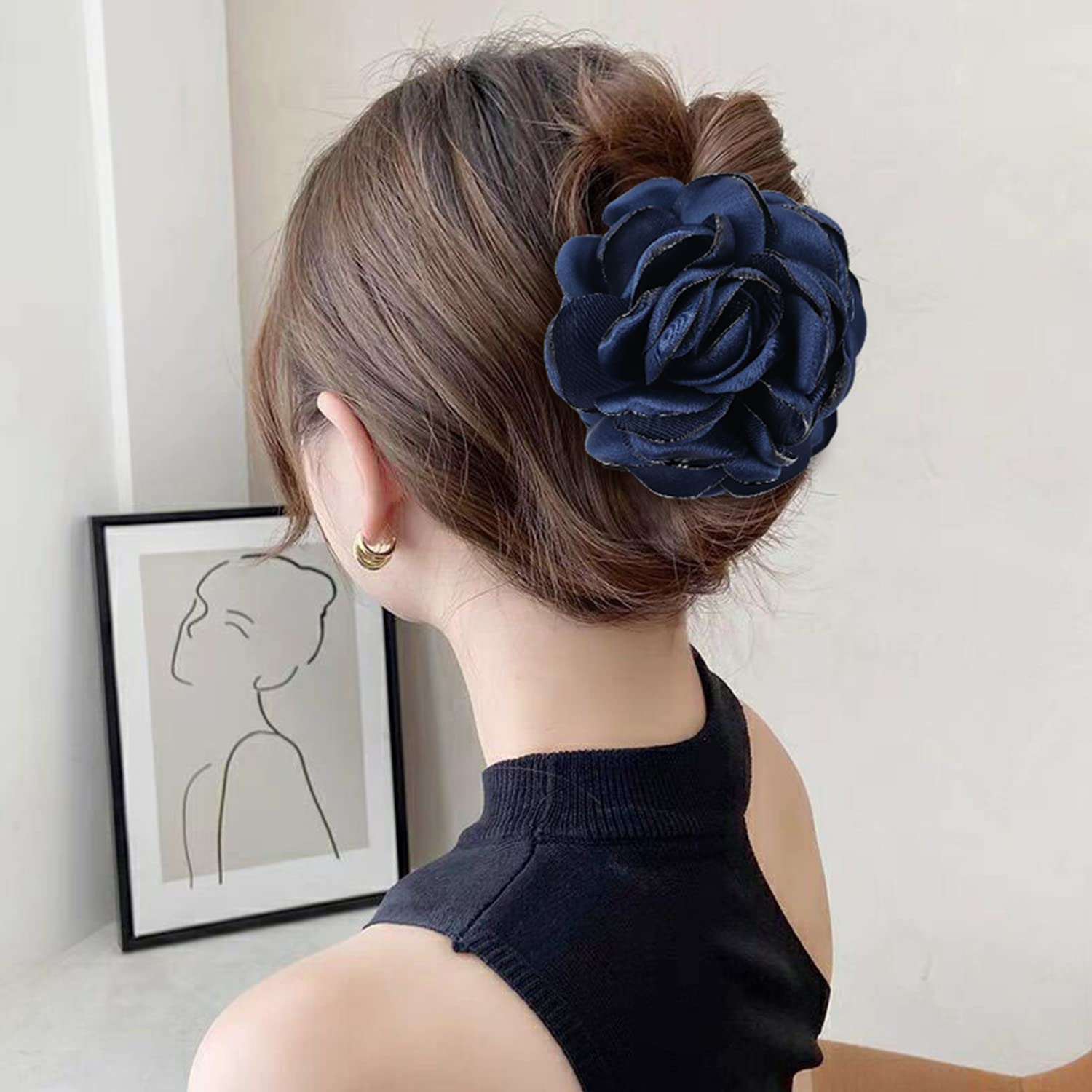 4 Pack Big Large Satin Rose Floral Flower Plastic Hair Claws Clips Bow Barrettes Clamps Bun Chignon Updo Holders Hair Accessories for Women Girls