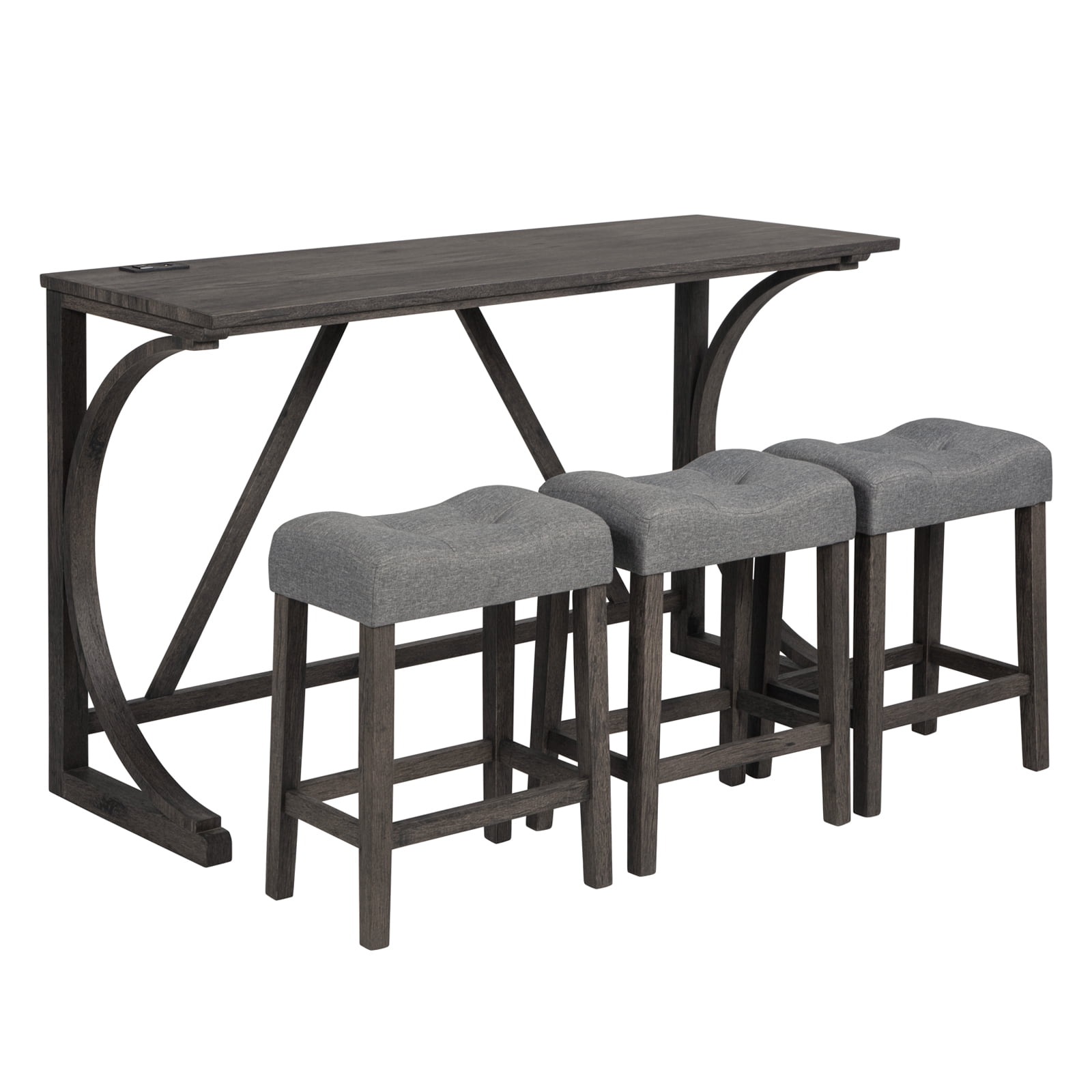 Aukfa 4-Piece Bar Table and Chairs Set with Power Outlet, Dining Table Set with Padded Stools for Living Room, Dining Room, Gray