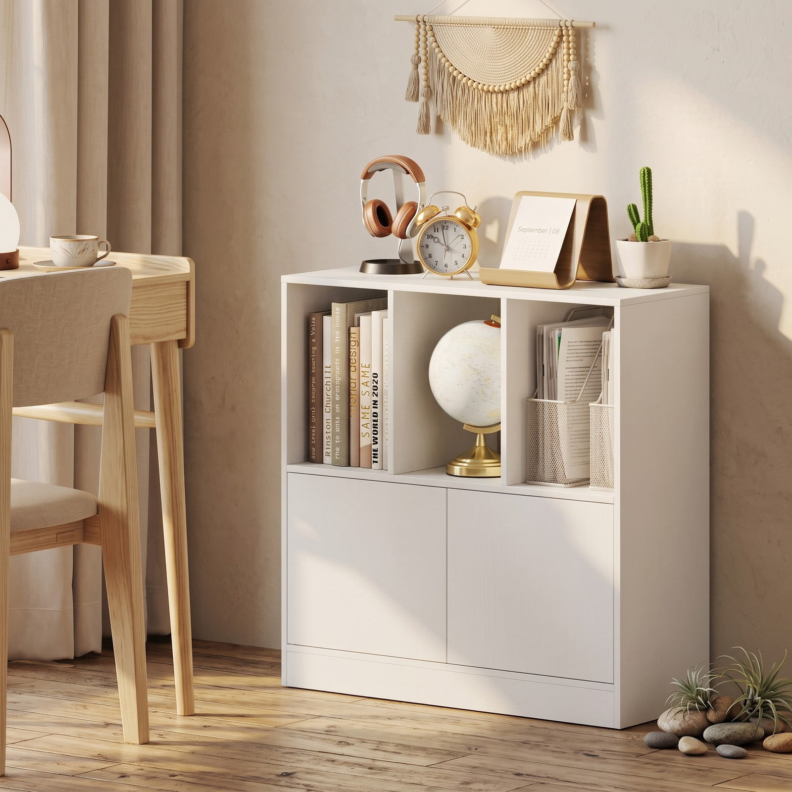 Furnibear 3-Cube Bookcase with Doors, 3-Tier Cube Bookshelf with 2-Door Storage Cabinet and Open Compartments, Anti-Tip Wood Cubby Organizer Shelf for Living, White