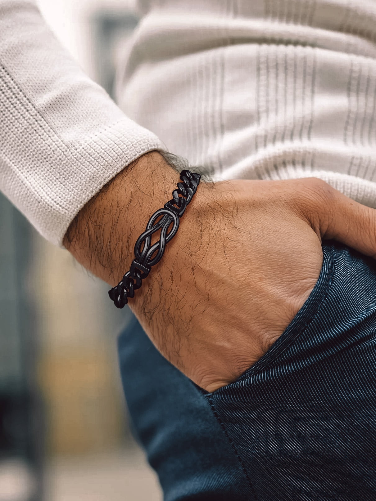 Bandmax 9'' Black Cuban Chain Bracelet for Men Women Stainless Steel Infinity Knot Bracelet Link Chain Gift with Love Message Card Gift Father's Day Birthday for Your Love