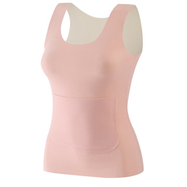 RXIRUCGD Femmes Couleur Unie Col Rond Sans Manches Poches avant et Oreilles Version Fine Haute Élasticité Deux Tons sous-Vêtements Chauds Haut (Rose, Taille:3TG)