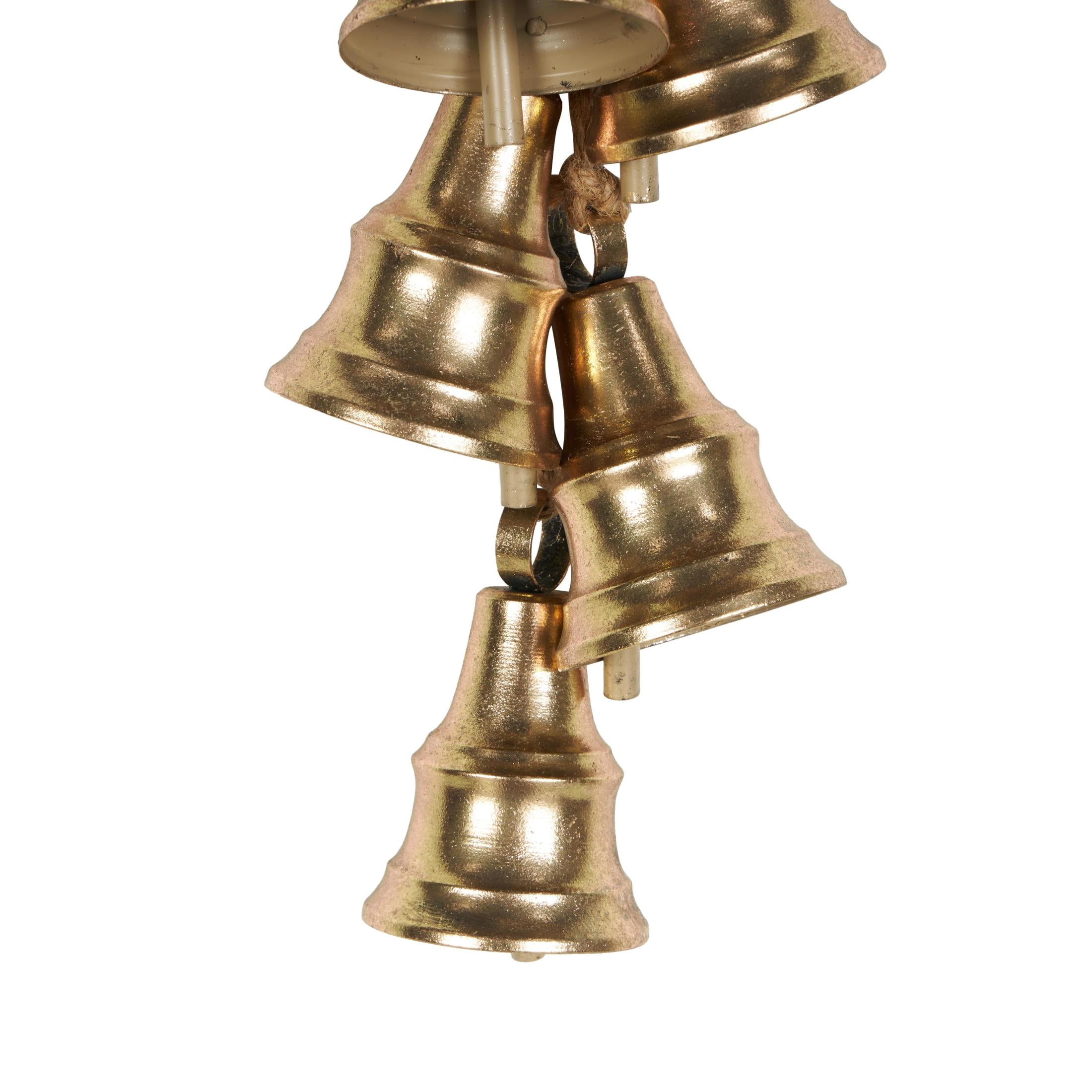 DecMode Tibetan Inspired Cascading Cluster Gold Metal Cluster Decorative Bells with 5 Bells on Jute Hanging Rope
