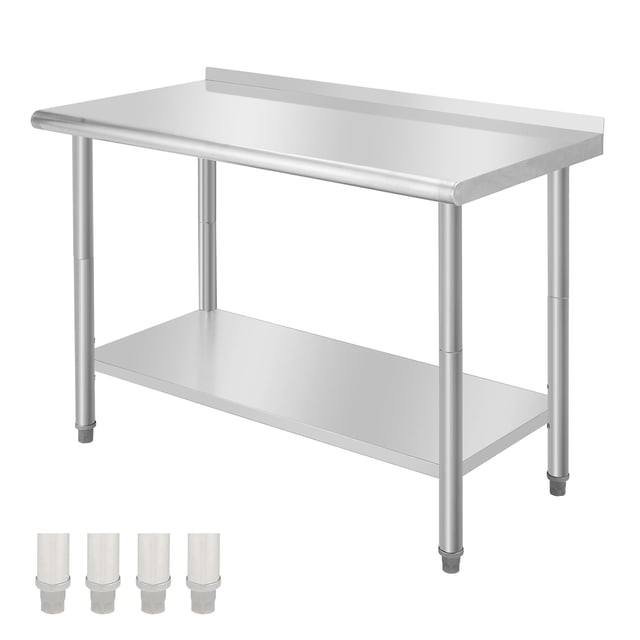 BeesClover Table en Acier Inoxydable pour Préparation et Travail avec Dosseret, Table de Cuisine Robuste avec Tablette et Pied Réglables pour Restaurant, Maison et Hôtel