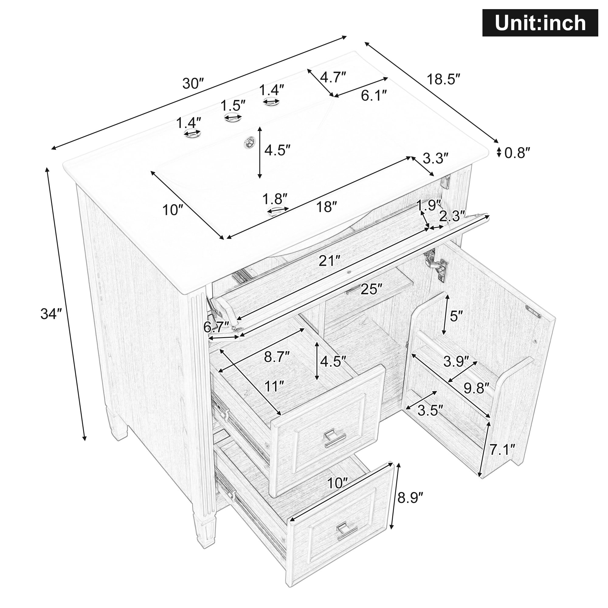 30-Inch Bathroom Vanity with Ceramic Sink and Flip Drawer, Solid Wood Cabinet with Adjustable Shelf for Bathroom, Natural