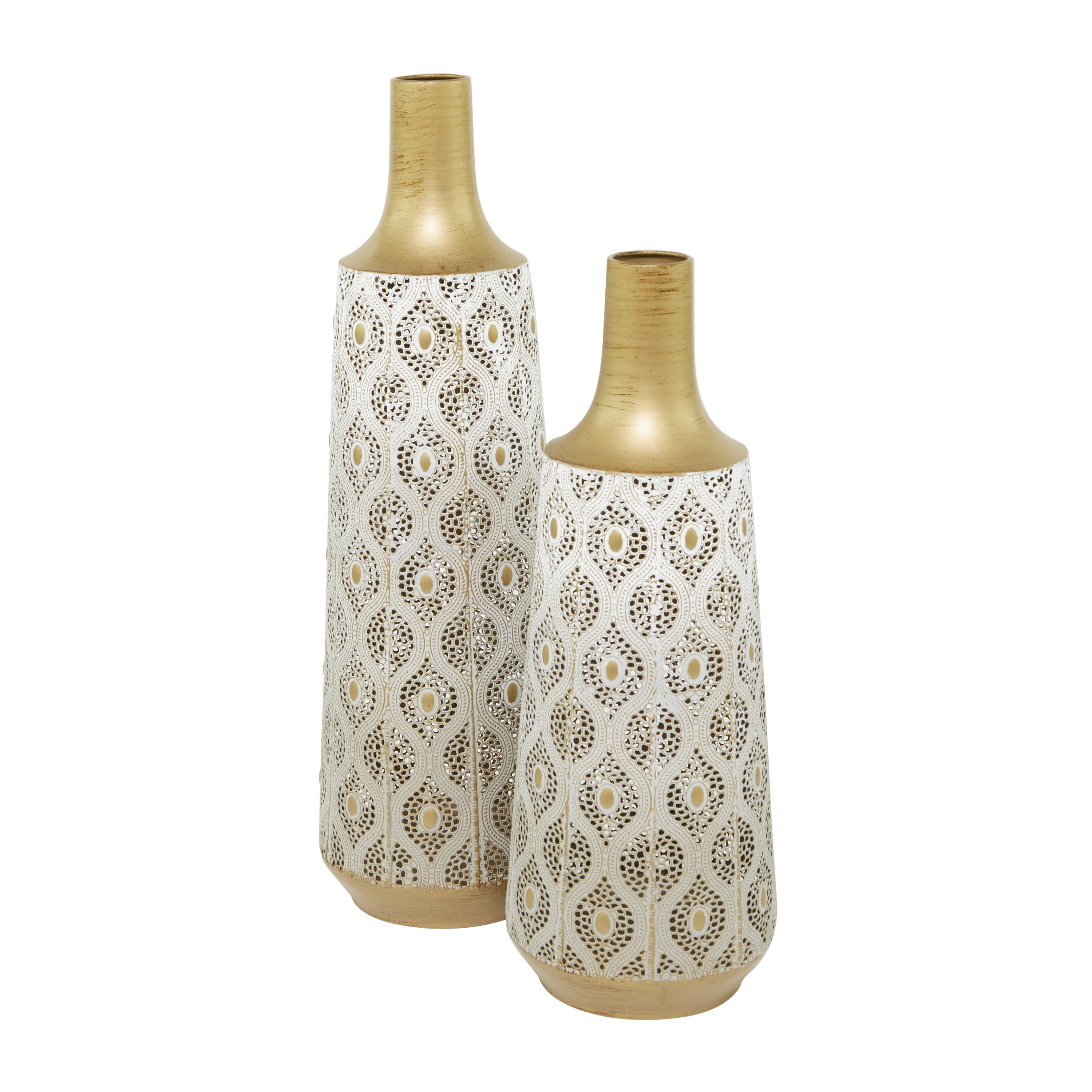 DecMode 24", 20"H White Metal Vase with Diamond Pattern, Set of 2