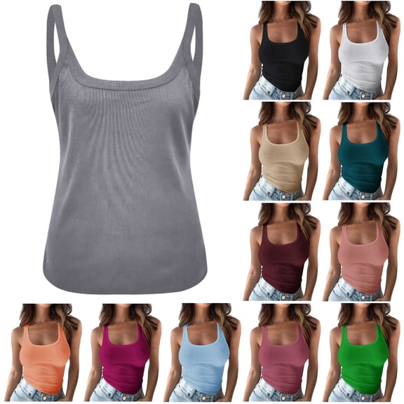 QATAINLAV Tank Tops for Women Summer Sleeveless Scoop Neck Workout Vest Casual Ribbed Knit Cami Shirts Undershirts Green L
